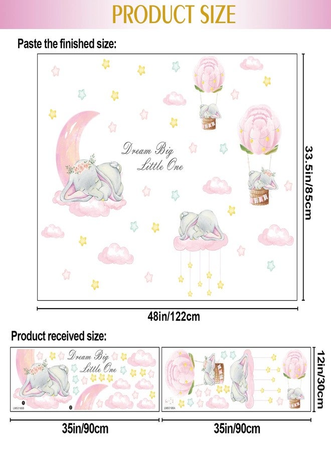 LiveGallery Removable 3D Cartoon Elephant Sleeping on the Moon and Cloud Wall Decor Sweet Dream Princess Little Girls Bedroom Wall Decal Hot Air Ballon Stars Wall Sticker for Baby Children Rooms Playroom Nursery - Image 2