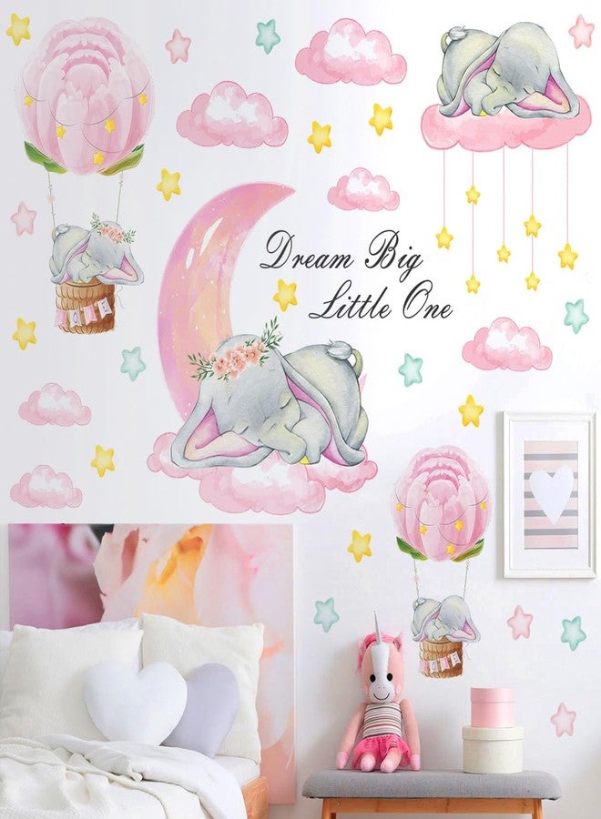 LiveGallery Removable 3D Cartoon Elephant Sleeping on the Moon and Cloud Wall Decor Sweet Dream Princess Little Girls Bedroom Wall Decal Hot Air Ballon Stars Wall Sticker for Baby Children Rooms Playroom Nursery - Image 1