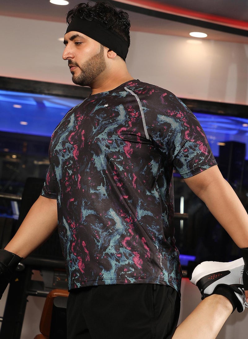 Instafab Plus Men's Midnight Black Abstract Activewear T-Shirt - Image 3