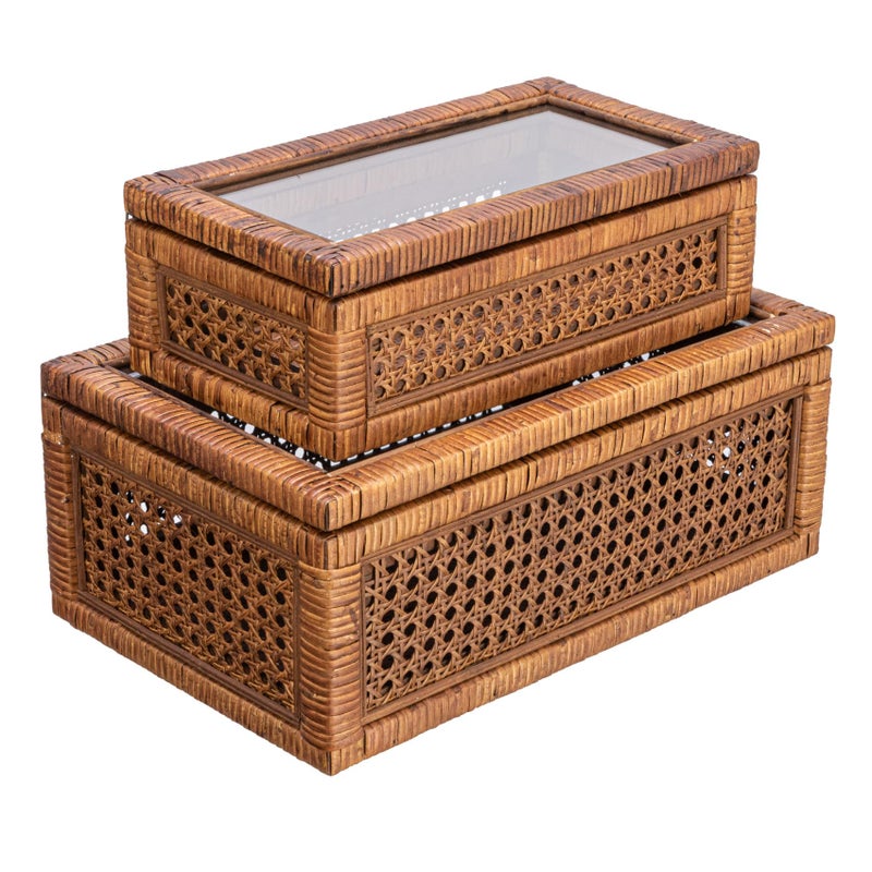 Creative CoOp Modern Decorative Rectangle Woven Rattan and Wood Display Boxes with Glass Top Set of 2 Sizes Dark Brown Finish Rectangular