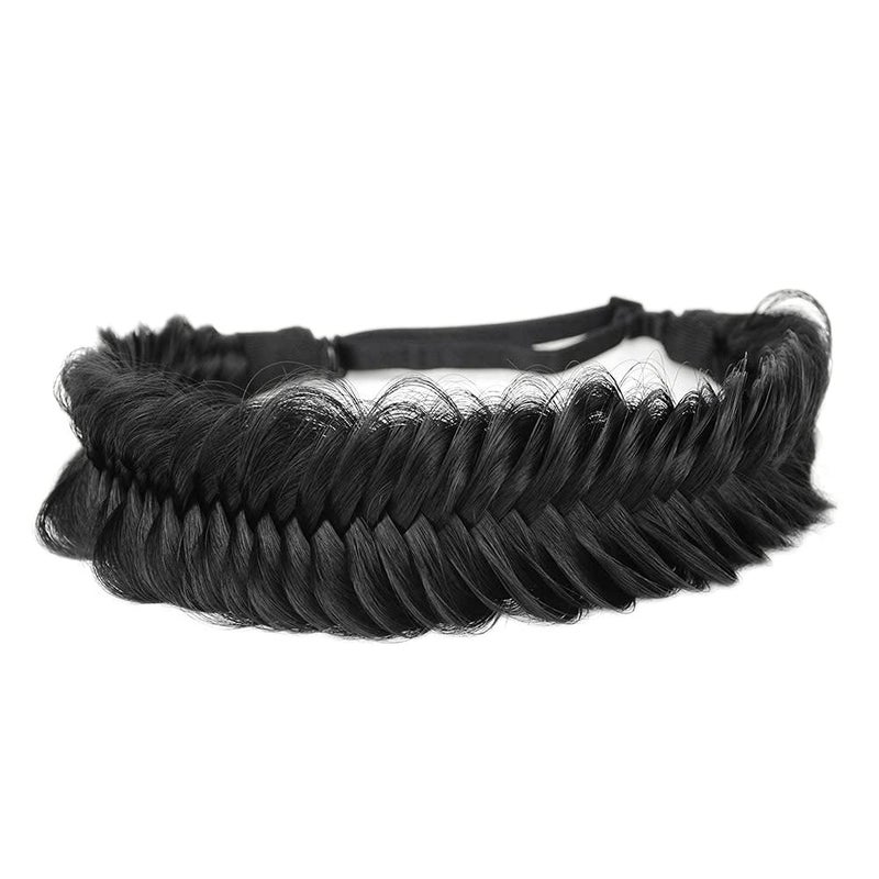 DIGUAN Wide Fishtail 2 Strands Synthetic Hair Braided Headband Classic Chunky Plaited Braids Elastic Stretch Hairpiece Women Girl Beauty accessory59g Black