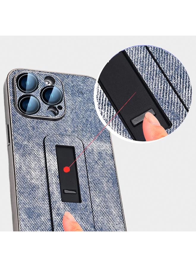 زبون جراب لهاتف iPhone 12 Pro Max بنمط الدنيم مطلي كهربائيًا مع دعامة دفع وسحب للتبريد - Image 5