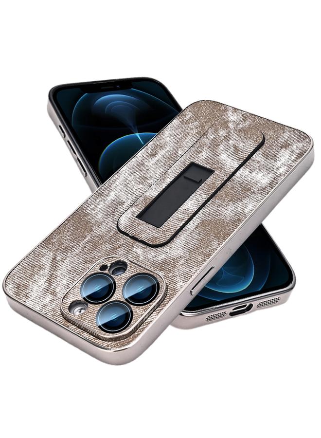 زبون جراب لهاتف iPhone 12 Pro Max بنمط الدنيم مطلي كهربائيًا مع دعامة دفع وسحب للتبريد - Image 1