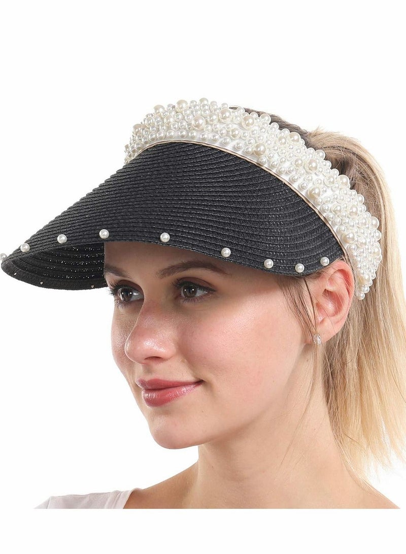 Y&D Sun Visor Hats for Women Girls Wide Brim Bowknot Pearl Straw Roll Up Ponytail Summer Beach Hat UV UPF Packable Foldable Travel, Black - Image 1
