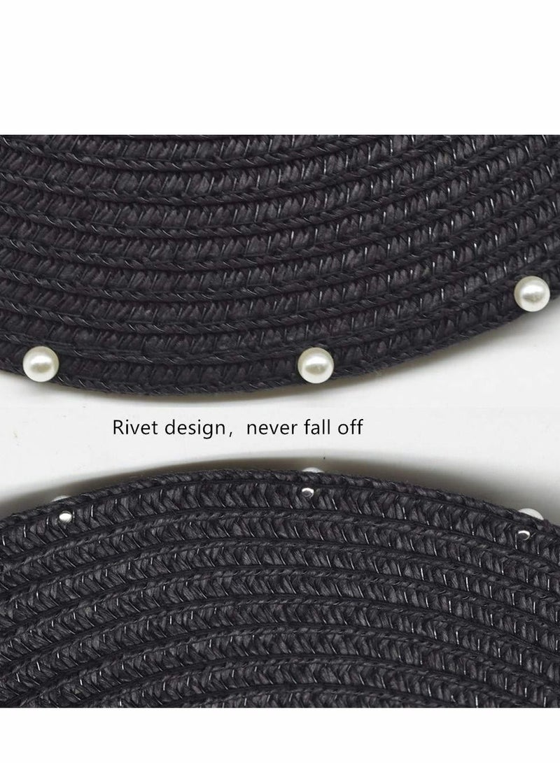 Y&D Sun Visor Hats for Women Girls Wide Brim Bowknot Pearl Straw Roll Up Ponytail Summer Beach Hat UV UPF Packable Foldable Travel, Black - Image 4