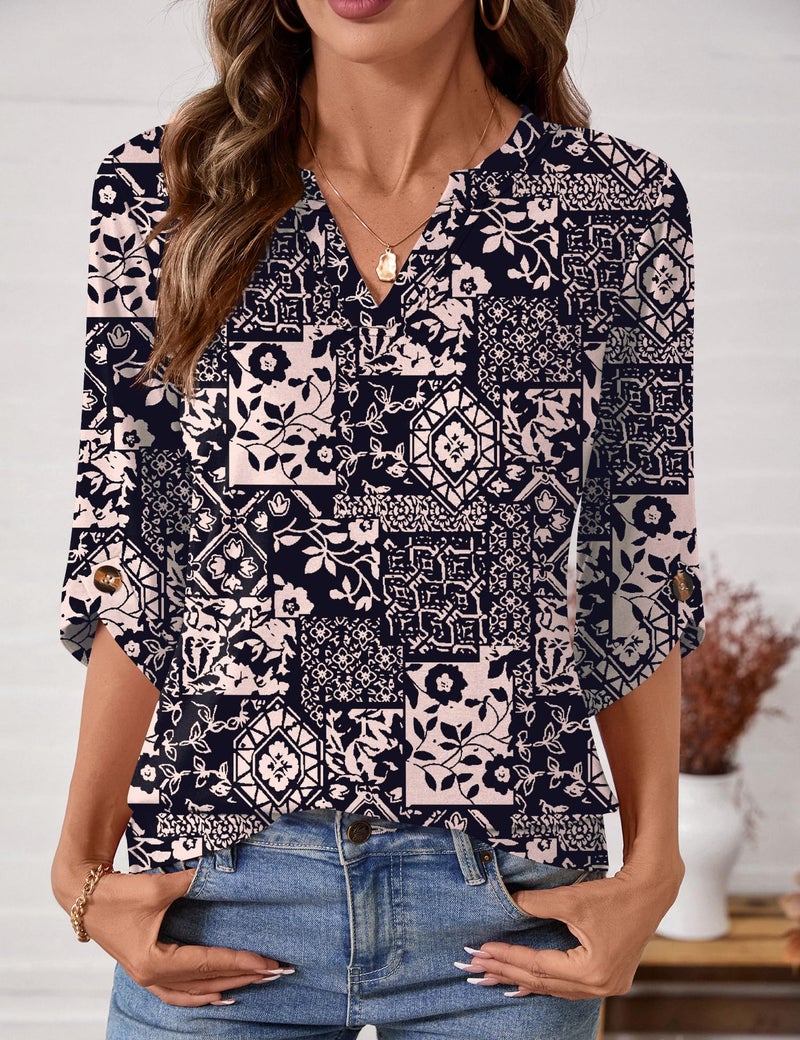 Kistore Spring Tops for Women 3/4 Sleeve V Neck Casual Tunic Button Cuffs Blouse Black Plaid Shirt Ladies Apricot S - Image 3