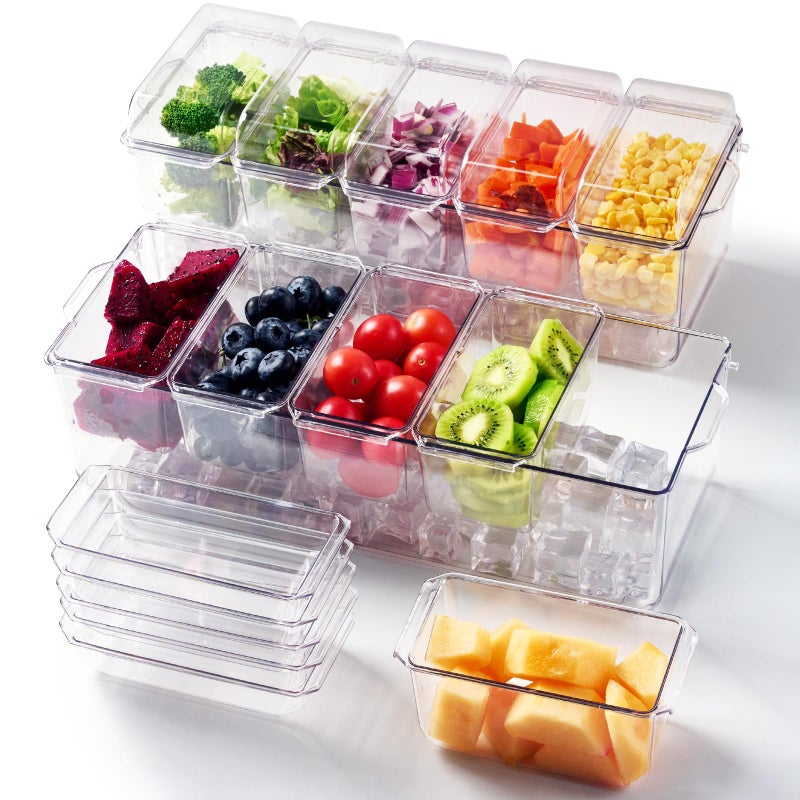 Luckore 2 Pack Chilled Condiment Tray Server with 5 Containers and Removable Compartments, Large Ice Condiment Organizer, Clear Garnish Serving Platter for Kitchen, Fruit, Salad, Food, Bar Accessories - Image 1