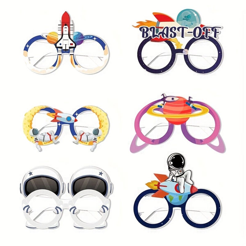 6 Pcs Sci Fi Space And Astronaut Themed Paper Glasses Set For Birthday Party Photo Booth Decorations - Image 1