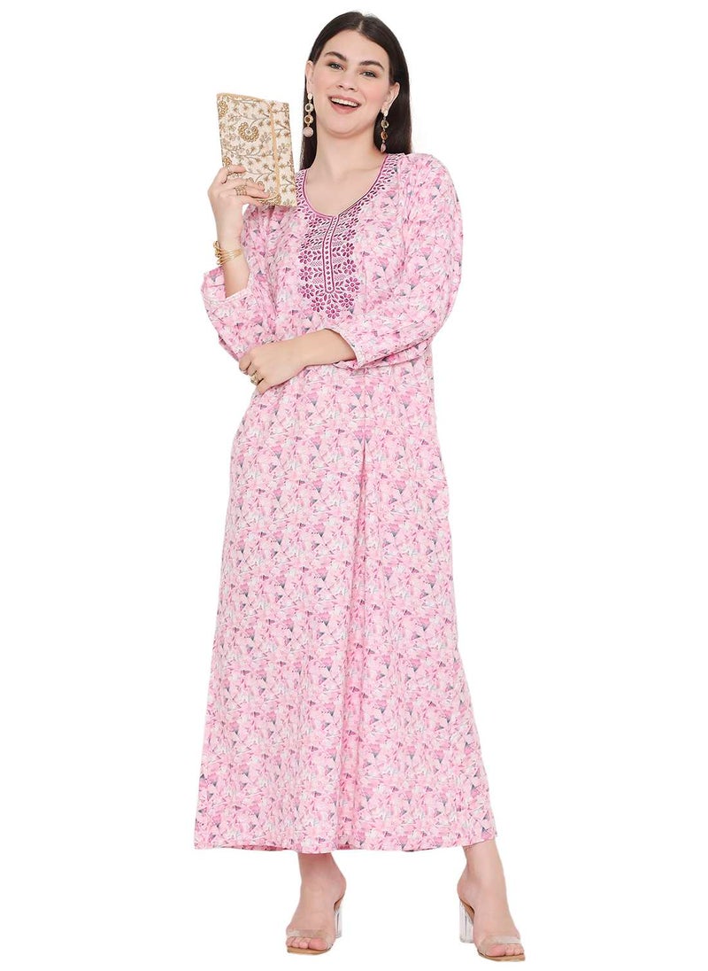 HANA & SARA LONG VISCOSE STYLISH PRINTED WITH UNIQUE EMBROIDERY ARABIC KAFTAN JALABIYA DRESS  - Image 1