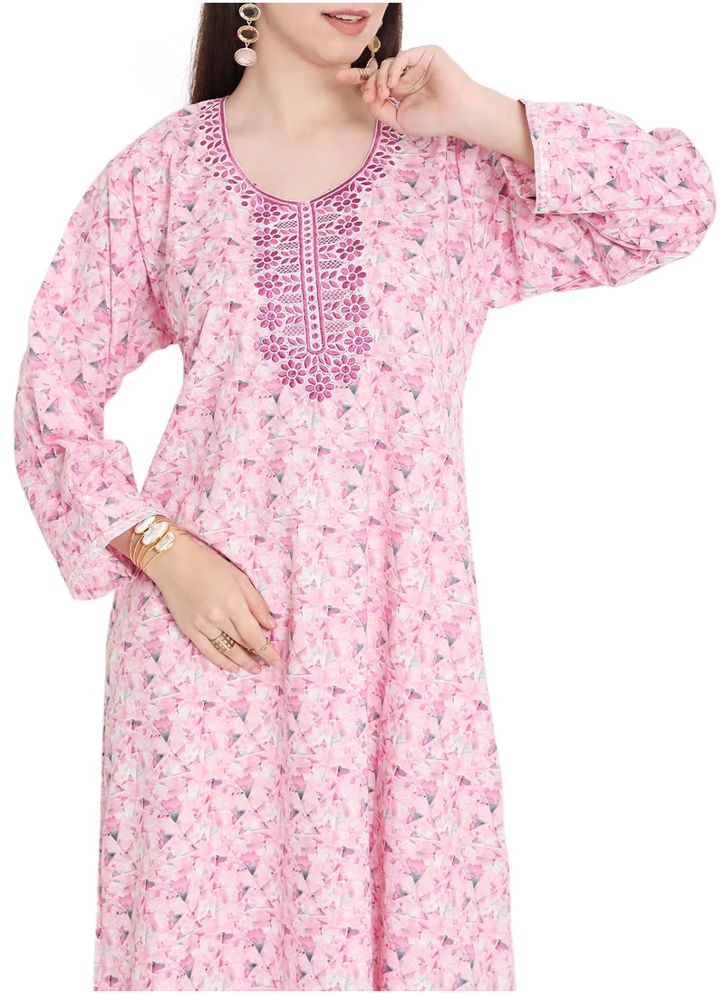 HANA & SARA LONG VISCOSE STYLISH PRINTED WITH UNIQUE EMBROIDERY ARABIC KAFTAN JALABIYA DRESS
