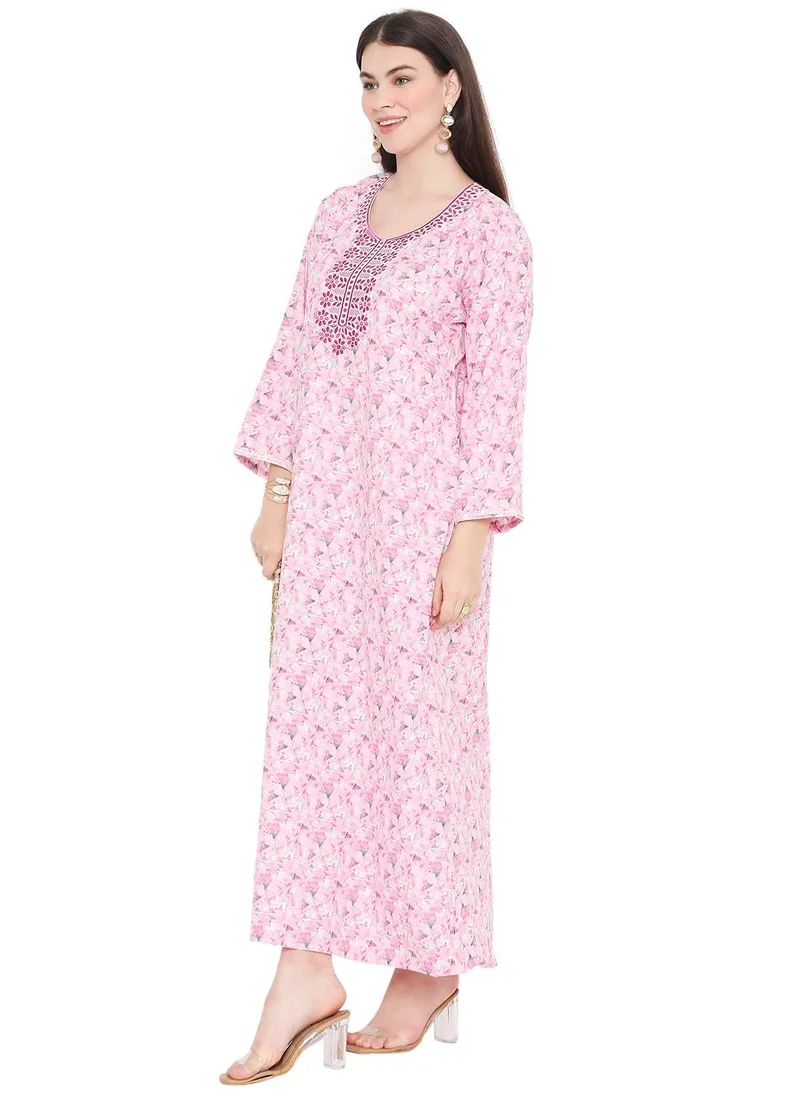 HANA & SARA LONG VISCOSE STYLISH PRINTED WITH UNIQUE EMBROIDERY ARABIC KAFTAN JALABIYA DRESS