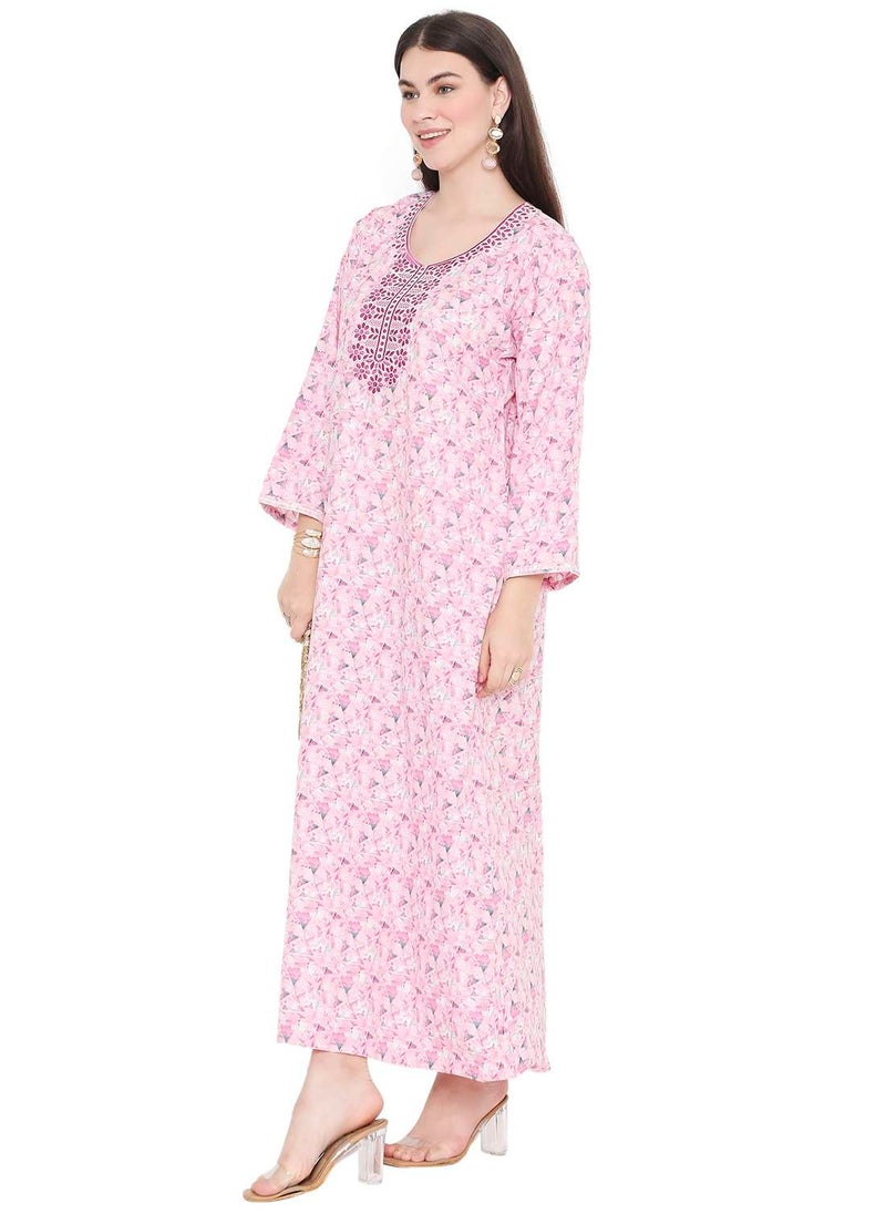 HANA & SARA LONG VISCOSE STYLISH PRINTED WITH UNIQUE EMBROIDERY ARABIC KAFTAN JALABIYA DRESS  - Image 4