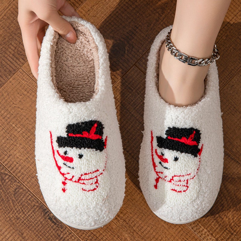 Cross-border Towel Embroidered Christmas Mens and Womens Home Cotton Slippers Thickened Non-slip Embroidered Printed fleece-lined Cotton Slippers Snowman