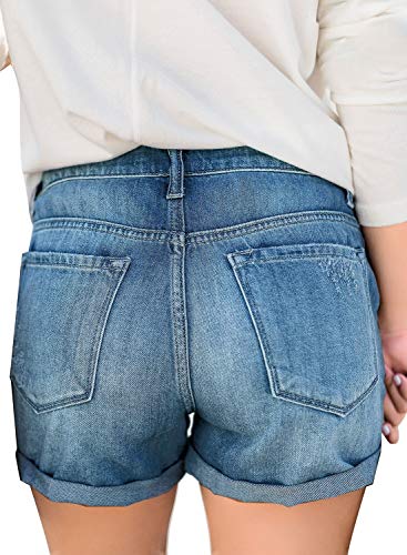 luvamia Women's Summer Casual Jean Shorts Stretchy High Rise Folded Hem Cutoff Denim Shorts 3 Inch Inseam Womens High Waisted Shorts Jive Outlasted Blue Size Small - Image 2