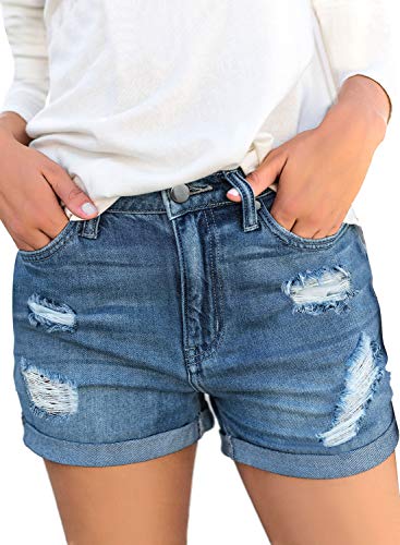 luvamia Women's Summer Casual Jean Shorts Stretchy High Rise Folded Hem Cutoff Denim Shorts 3 Inch Inseam Womens High Waisted Shorts Jive Outlasted Blue Size Small - Image 1