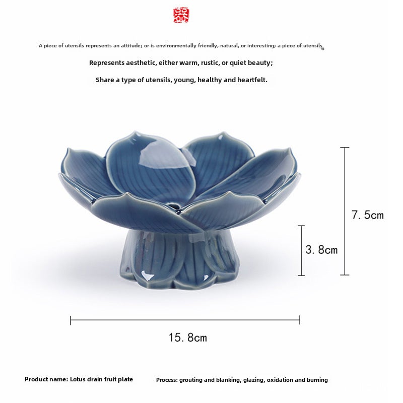Drainable Ceramic High-foot Lotus Fruit Plate Creative Dried Fruit Plate Fruit Plate Chinese Tray Refreshment Tray Household Living RoomLotus drain fruit plate-Ji Qing Lotus drain fruit plate-Ji Qing 