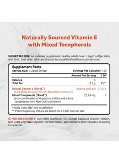 Naturalis Sunflower Vitamin E 268mg (400 IU) with Mixed Tocopherols | Essential Skin Vitamin & Immune Support | Non-GMO, Soy & Gluten Free | 120 Softgels  - Image 2