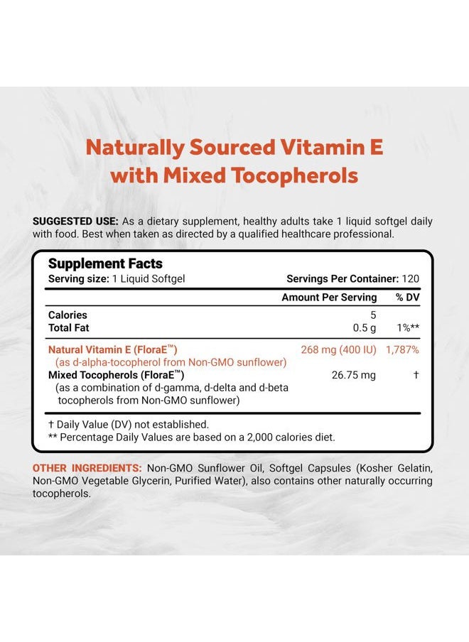 Naturalis Sunflower Vitamin E 268mg (400 IU) with Mixed Tocopherols | Essential Skin Vitamin & Immune Support | Non-GMO, Soy & Gluten Free | 120 Softgels  - Image 2