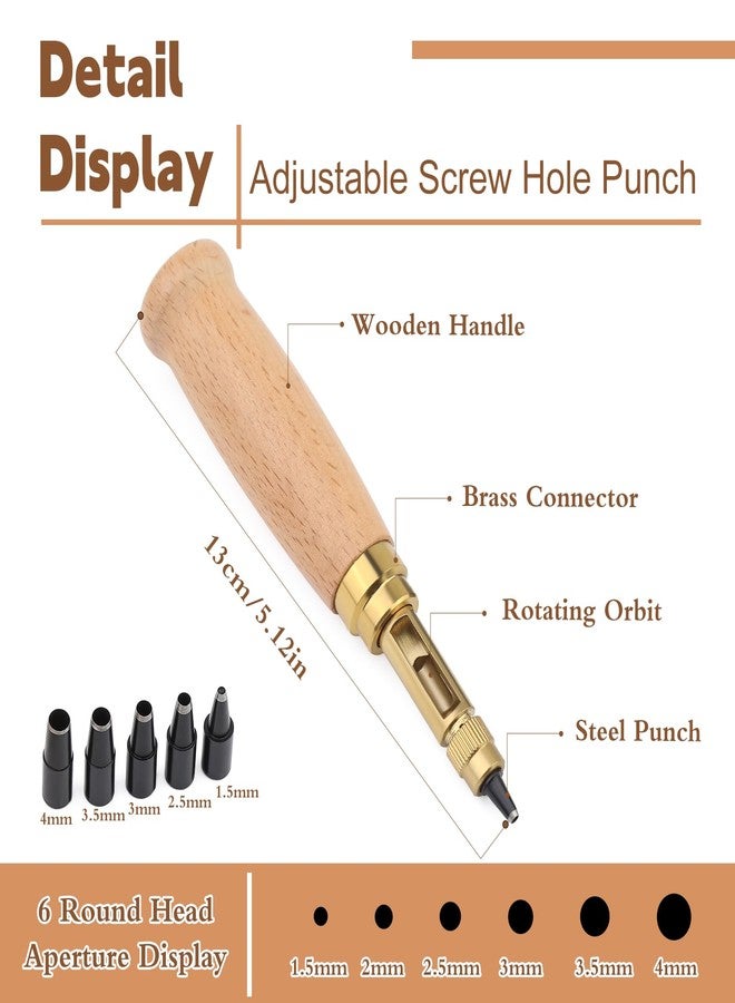 Mnuizu Adjustable Leather Hole Punch, 6 Tip Sizes Belt Hole Puncher, Paper Craft Hole Punch, Wood Handle Hole Punch Bookbinding Tool for Sewing Leather - Image 2