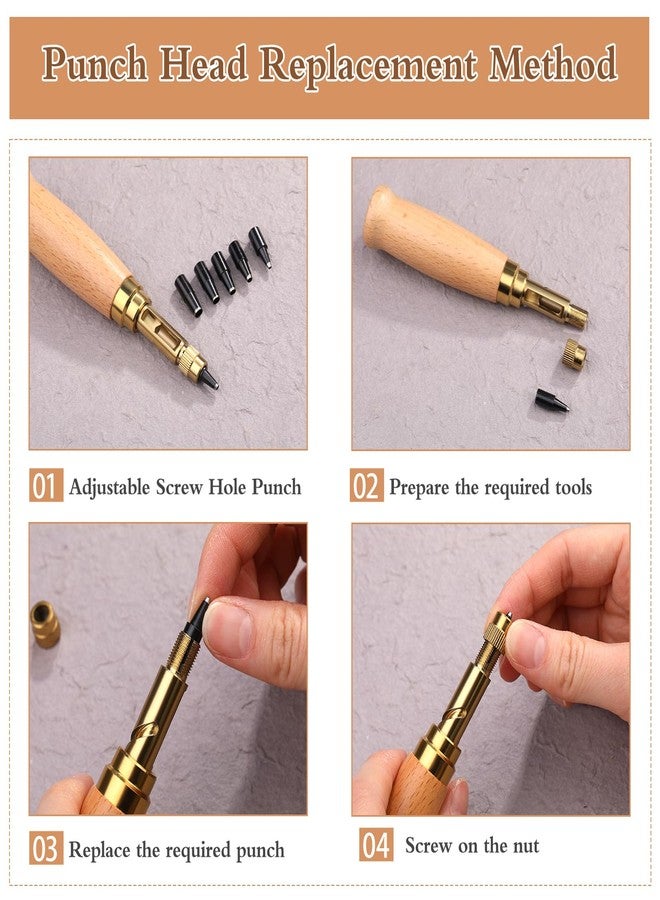 Mnuizu Adjustable Leather Hole Punch, 6 Tip Sizes Belt Hole Puncher, Paper Craft Hole Punch, Wood Handle Hole Punch Bookbinding Tool for Sewing Leather - Image 3