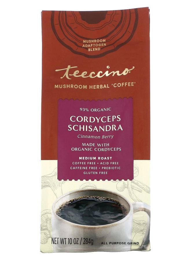 teeccino Mushroom Herbal Coffee Cordyceps Schisandra Cinnamon Berry Medium Roast Caffeine Free 10 oz (284 g)