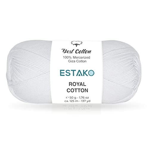 Estako Royal Cotton, 100% Mercerized Giza Cotton Yarn, Soft, Super Fino 1 for Crochet and Knitting 1.76 Oz (50g) / 137 Yrds (125m) (5050 - White) - Image 1