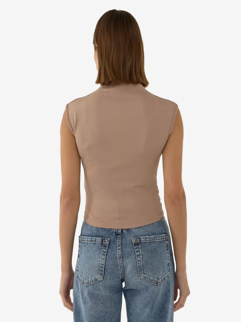 Hiccup Chestnut Brown Ruched Half Turtleneck Crop Top for Women | Best Price UAE