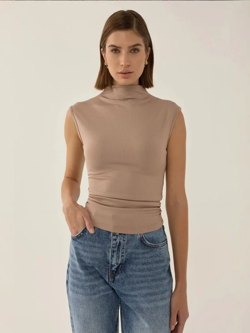 Hiccup Chestnut Brown Ruched Half Turtleneck Crop Top for Women | Best Price UAE