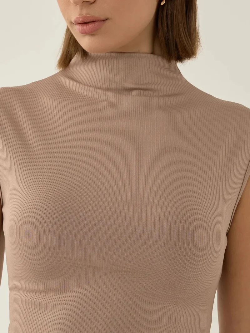 Hiccup Chestnut Brown Ruched Half Turtleneck Crop Top for Women | Best Price UAE