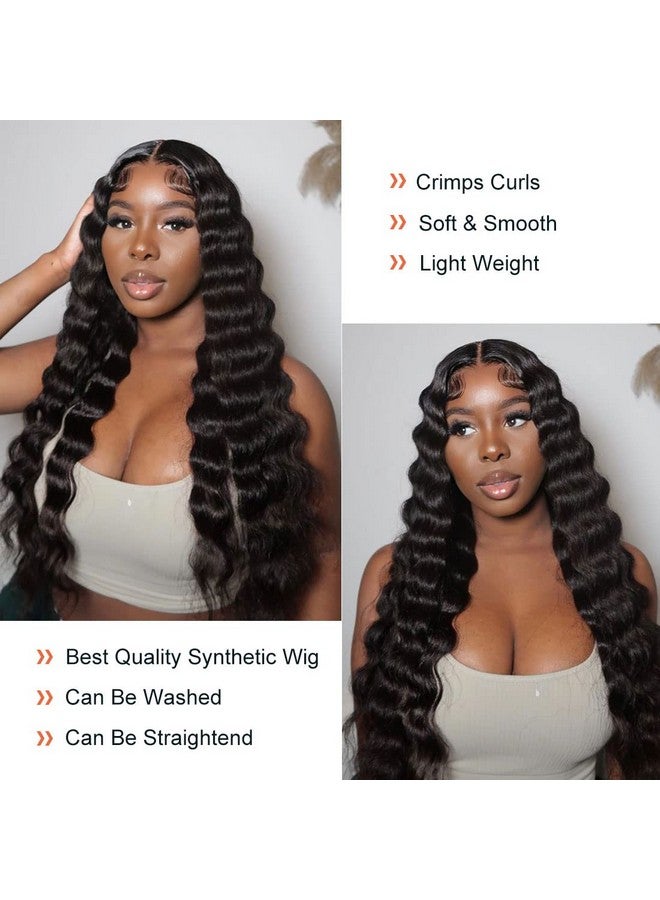 Clione 28 Inch Long Curly Synthetic Hair Wigs For Women Black Lace Front Wig Synthetic Curly Wigs Deep Wave Wig With 4 Simulated Scalp Natural Crimps Curls Hair Replacement Wigs For Daily Party Use 1B - Image 3