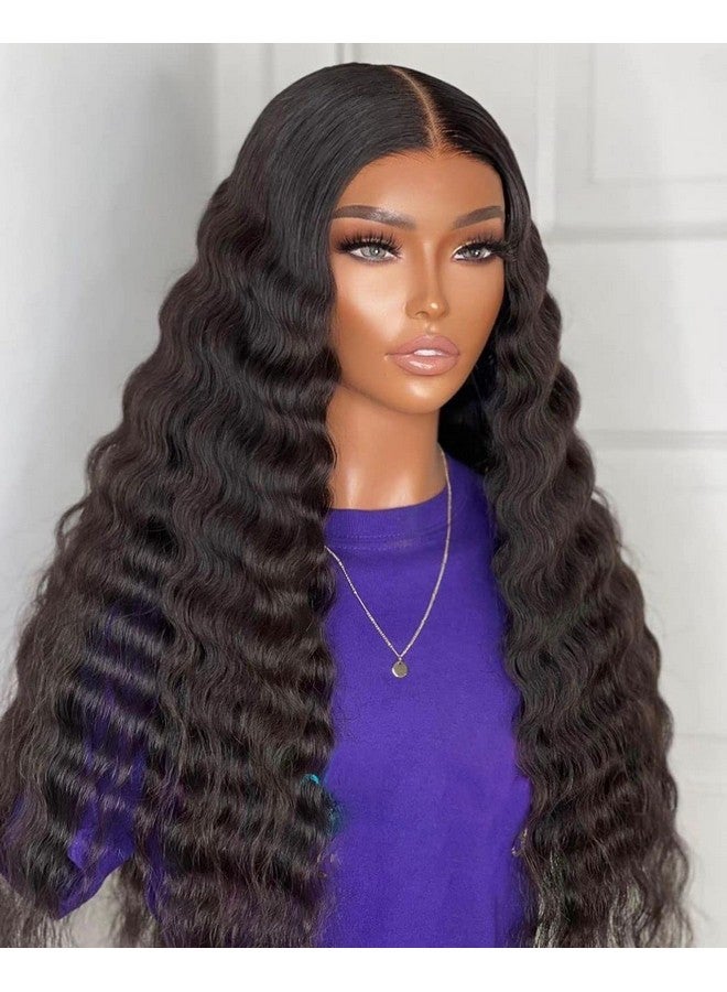 Clione 28 Inch Long Curly Synthetic Hair Wigs For Women Black Lace Front Wig Synthetic Curly Wigs Deep Wave Wig With 4 Simulated Scalp Natural Crimps Curls Hair Replacement Wigs For Daily Party Use 1B - Image 2