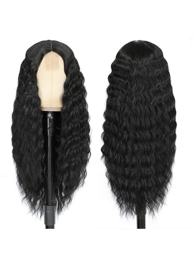 Clione 28 Inch Long Curly Synthetic Hair Wigs For Women Black Lace Front Wig Synthetic Curly Wigs Deep Wave Wig With 4 Simulated Scalp Natural Crimps Curls Hair Replacement Wigs For Daily Party Use 1B - Image 5