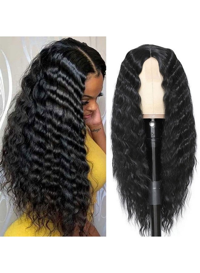 Clione 28 Inch Long Curly Synthetic Hair Wigs For Women Black Lace Front Wig Synthetic Curly Wigs Deep Wave Wig With 4 Simulated Scalp Natural Crimps Curls Hair Replacement Wigs For Daily Party Use 1B - Image 1