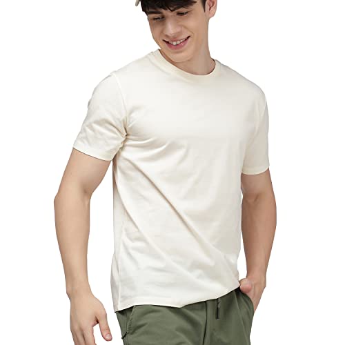 sporto Men's Cotton Round Neck Stretchable T-Shirt | (Color Variant) Cream - Image 1
