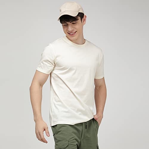 sporto Men's Cotton Round Neck Stretchable T-Shirt | (Color Variant) Cream - Image 3