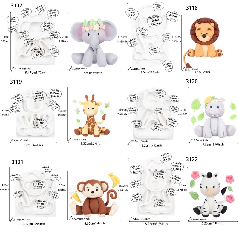 FUNSHOWCASE Jungle Animals Fondant Silicone Molds Sugarcraft Cake Decoration 6-count Height 2.6-3.6inch - Image 2