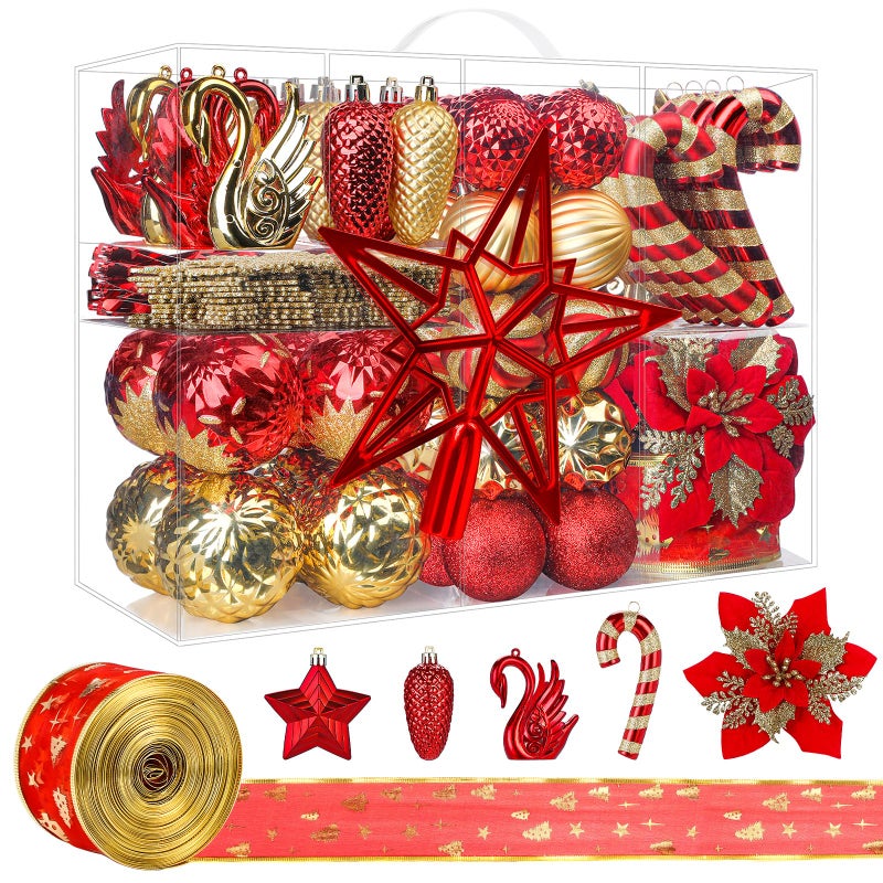 Alupssuc 128pcs Christmas Balls Ornaments Set Shatterproof Plastic Baubles Christmas Flowers Ribbon and Tree Topper for Xmas Tree Holiday Wedding Party Decorations with Hanging Strings Red and Gold