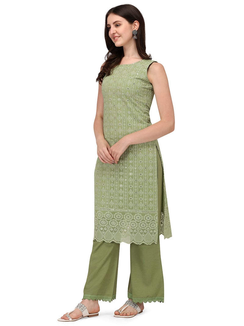 SHOPPING QUEEN Women's Georgette Chikankari Embroidered Kurta Palazzo Set (A305_Dusty Green_L) - Image 3