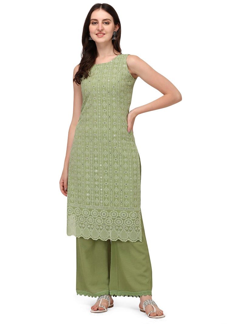 SHOPPING QUEEN Women's Georgette Chikankari Embroidered Kurta Palazzo Set (A305_Dusty Green_L) - Image 1