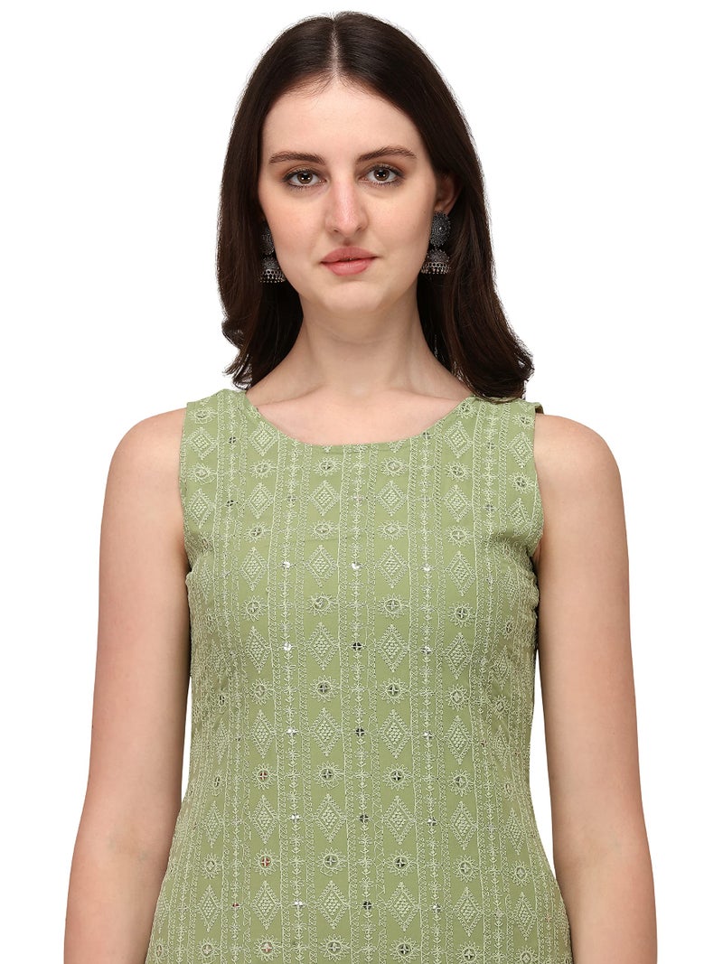 SHOPPING QUEEN Women's Georgette Chikankari Embroidered Kurta Palazzo Set (A305_Dusty Green_L) - Image 4