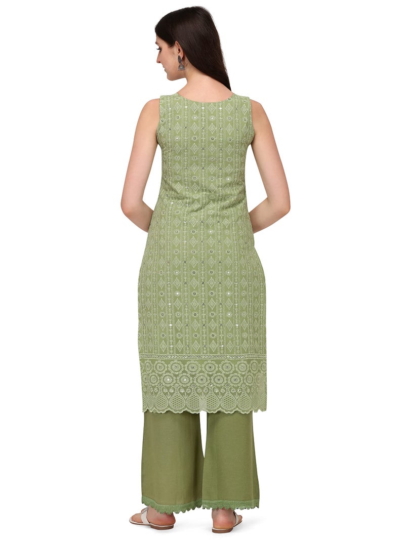 SHOPPING QUEEN Women's Georgette Chikankari Embroidered Kurta Palazzo Set (A305_Dusty Green_L) - Image 2