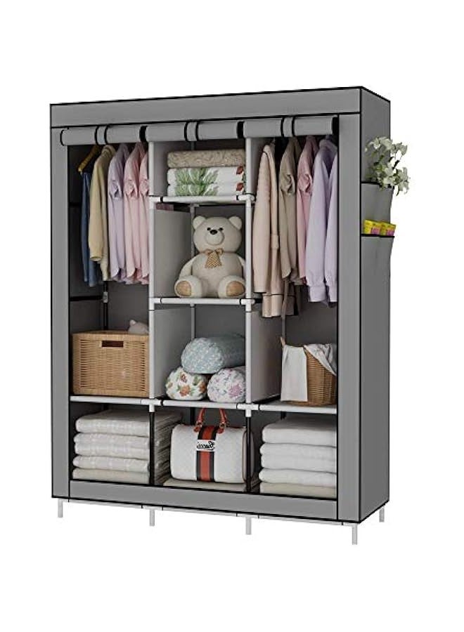دوركو منظم محمول لخزانة الملابس، غلاف قماش غير منسوج مع 6 رفوف تخزين، قسمين لل و4 جيوب جانبية، رمادي - Image 1