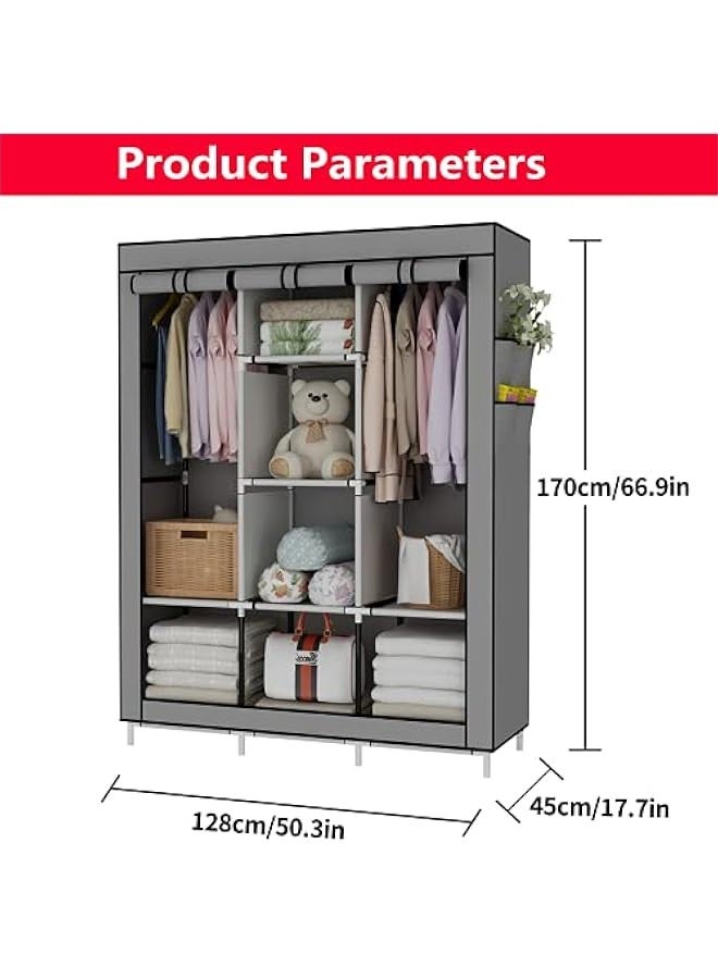 دوركو منظم محمول لخزانة الملابس، غلاف قماش غير منسوج مع 6 رفوف تخزين، قسمين لل و4 جيوب جانبية، رمادي - Image 2
