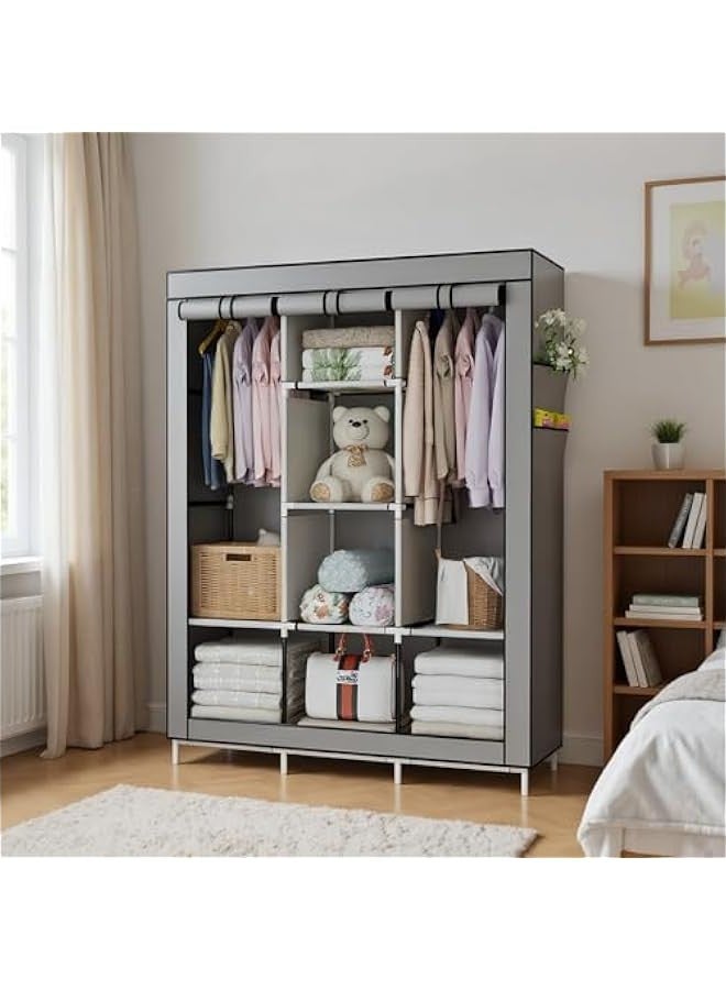 دوركو منظم محمول لخزانة الملابس، غلاف قماش غير منسوج مع 6 رفوف تخزين، قسمين لل و4 جيوب جانبية، رمادي - Image 3