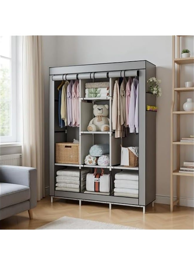 دوركو منظم محمول لخزانة الملابس، غلاف قماش غير منسوج مع 6 رفوف تخزين، قسمين لل و4 جيوب جانبية، رمادي - Image 5