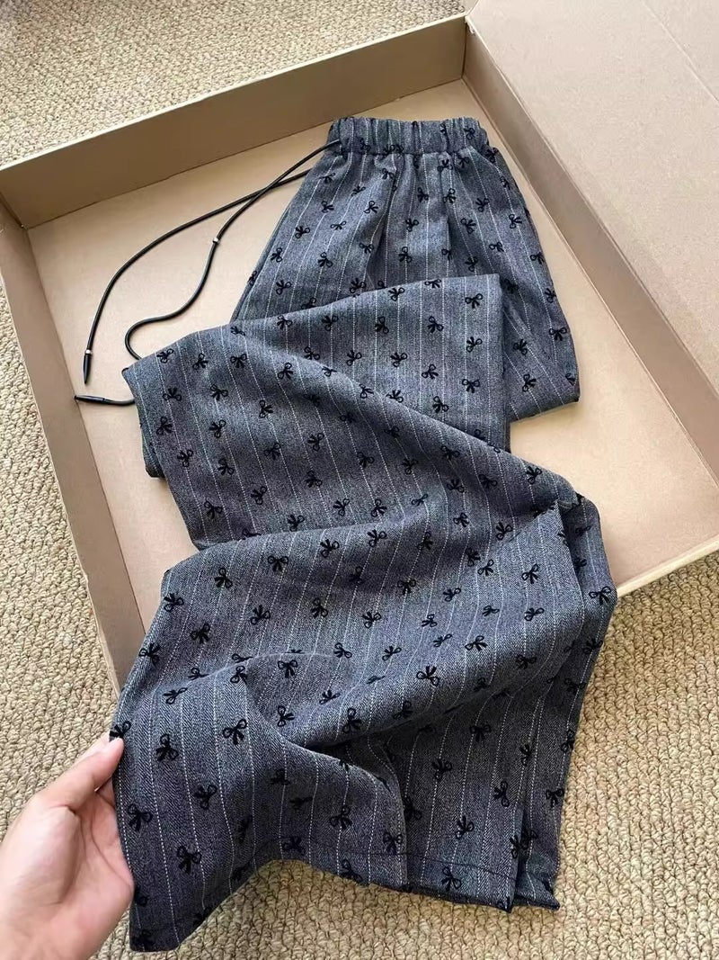 [, Three-Dimensional Waist Head] 2024 Thin Bow Embroidered Wide Leg Pants High Waist Straight Casual - Image 2
