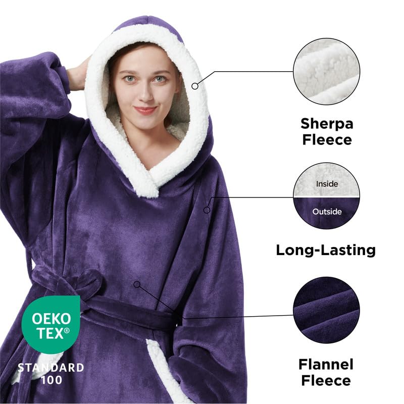 Bedsure Bedsure Wearable Blanket Hoodie Women - Long Sherpa Fleece Hooded Blanket for Teens Adult  Warm Cozy Blanket Sweatshirt with Giant Pocket and Belt  Winter Gifts for Girls  Small  Purple  - Image 2