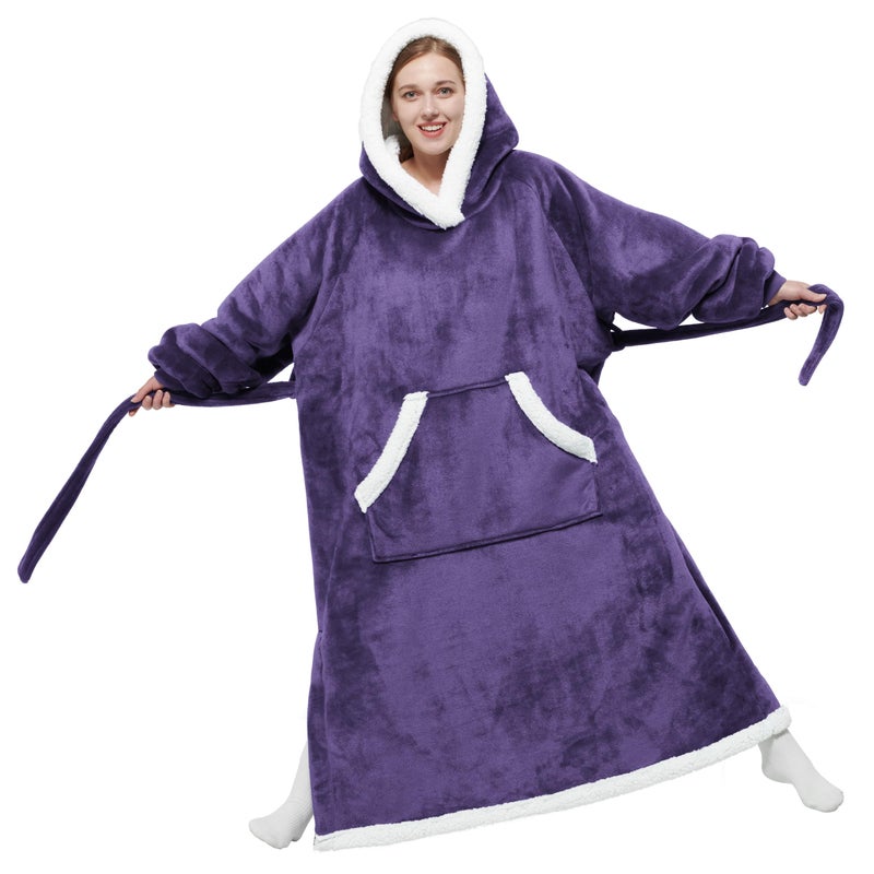 Bedsure Bedsure Wearable Blanket Hoodie Women - Long Sherpa Fleece Hooded Blanket for Teens Adult  Warm Cozy Blanket Sweatshirt with Giant Pocket and Belt  Winter Gifts for Girls  Small  Purple  - Image 1