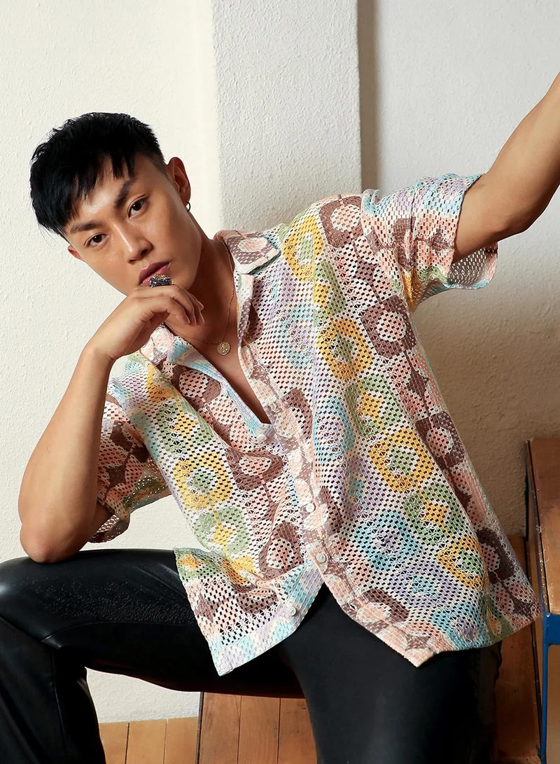 Campus Sutra Campus Sutra Men's Lemon Yellow & Chocolate Brown Geometric Block Oversized Shirt For Casual Wear | Spread Collar | Short Sleeve | Button Closure | Shirt Crafted With Comfort Fit For Everyday Wear
