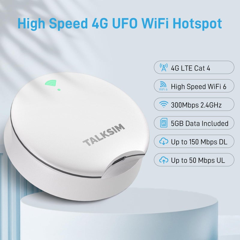 TALKSIM UFO Mobile Hotspot with 5GB Data, Portable Pocket WiFi 6 & 4G LTE Hotspot MiFi Device, Compatible with AT&T, T-Mobile, Verizon |10 Connected Devices, USA Coverage, No Contract (White, 5GB) - Image 2